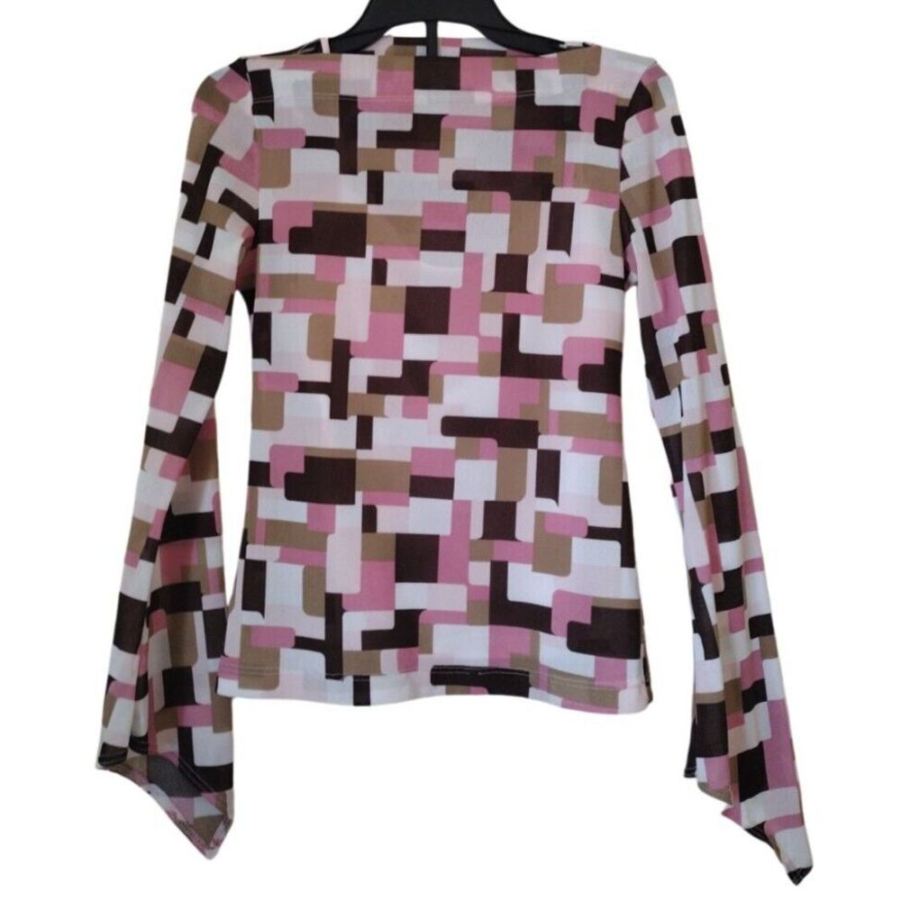 MOA MOA Mesh Blouse Women Medium Pink Brown Geometric Long Sleeves Juniors